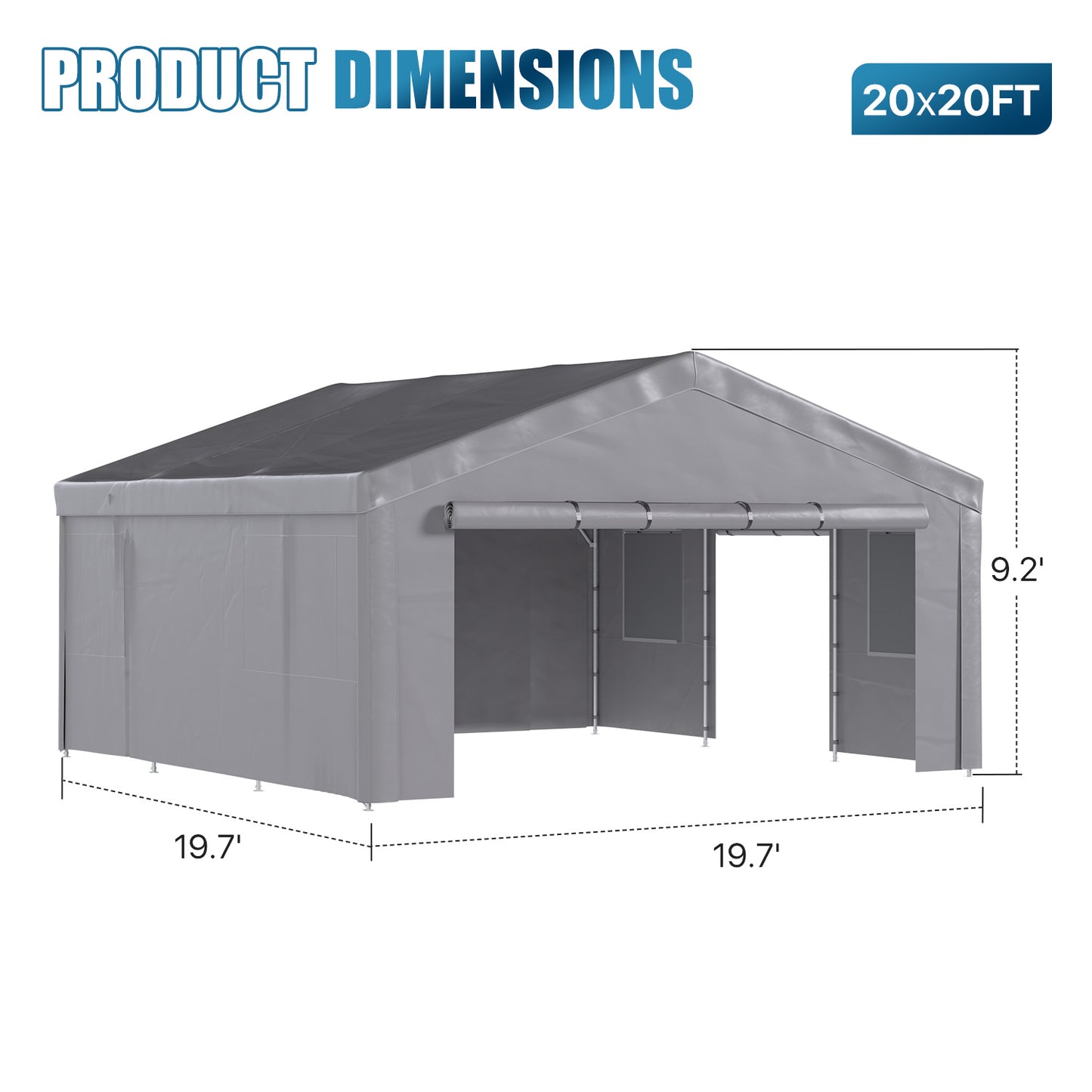 Sunmthink 20x20ft Heavy Duty Carport Canopy, Portable Outdoor Garage with Removable Sidewalls & Roll-Up Doors, All-Weather Car Shelter for Cars, Boats, Trucks and Tools Storage, Gray