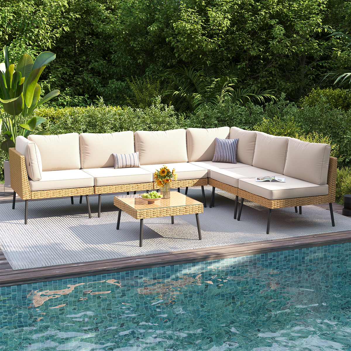 Clouddwell 7-Piece Patio Furniture Set, Wicker Outdoor Furniture with Water Resistant Thick Cushions, Patio Conversation Set Outdoor Sectional Sofa with Coffee Table for Backyard Poolside, Beige