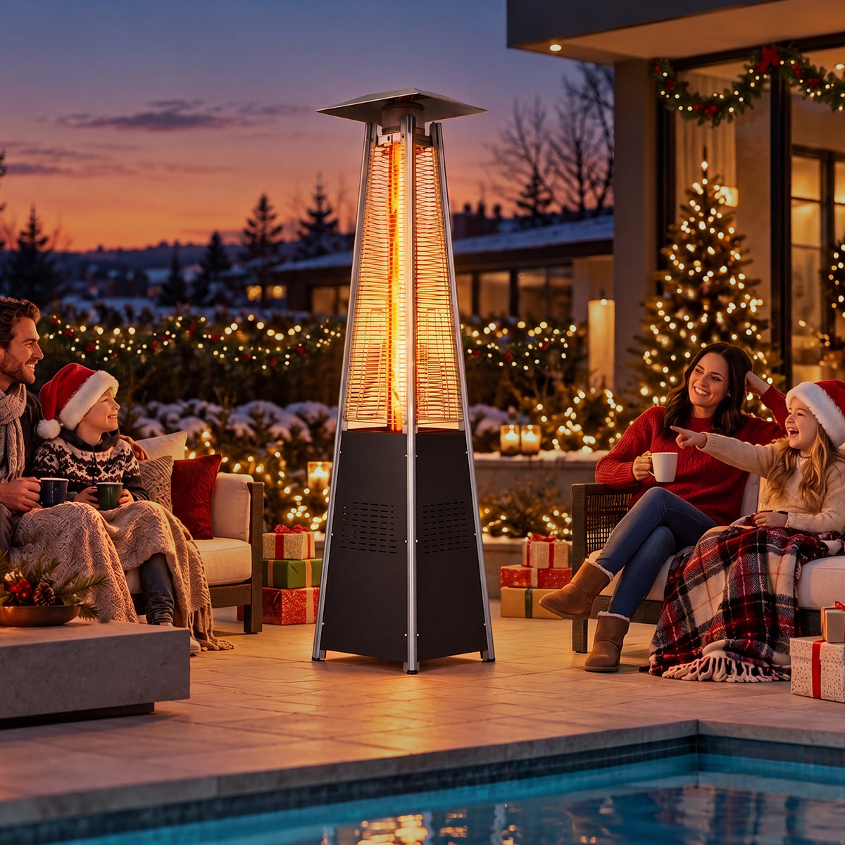 LazySunsets 87 Inch Outdoor Tower Propane Heater, 48000 BTU Black Pyramid Patio Heater with Portable Wheels, Auto Safety Shutoff
