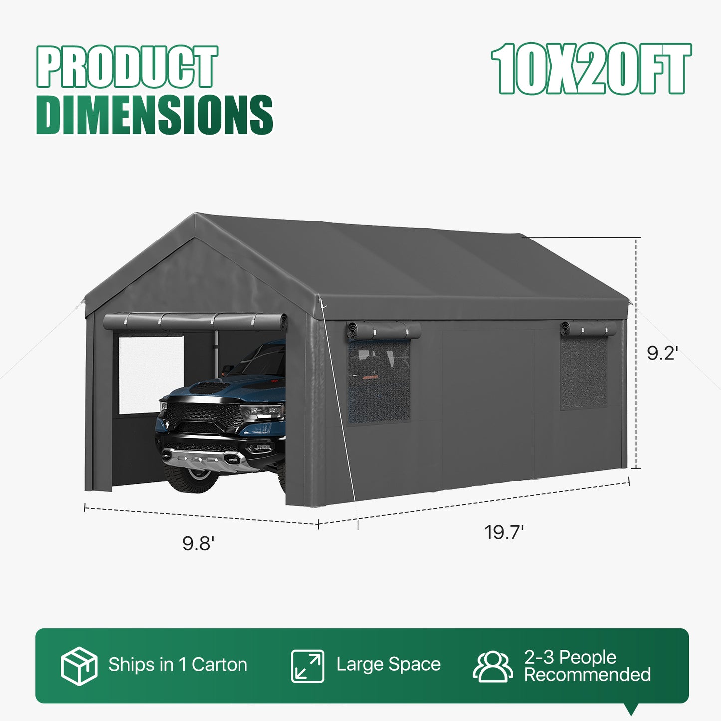 Clouddwell 10x20 Heavy Duty Carport Canopy Portable Garage, Portable Carport with Roll-up Windows&Removable Sidewalls, Car Canopy for Car, Truck, SUV, Boat, Gray