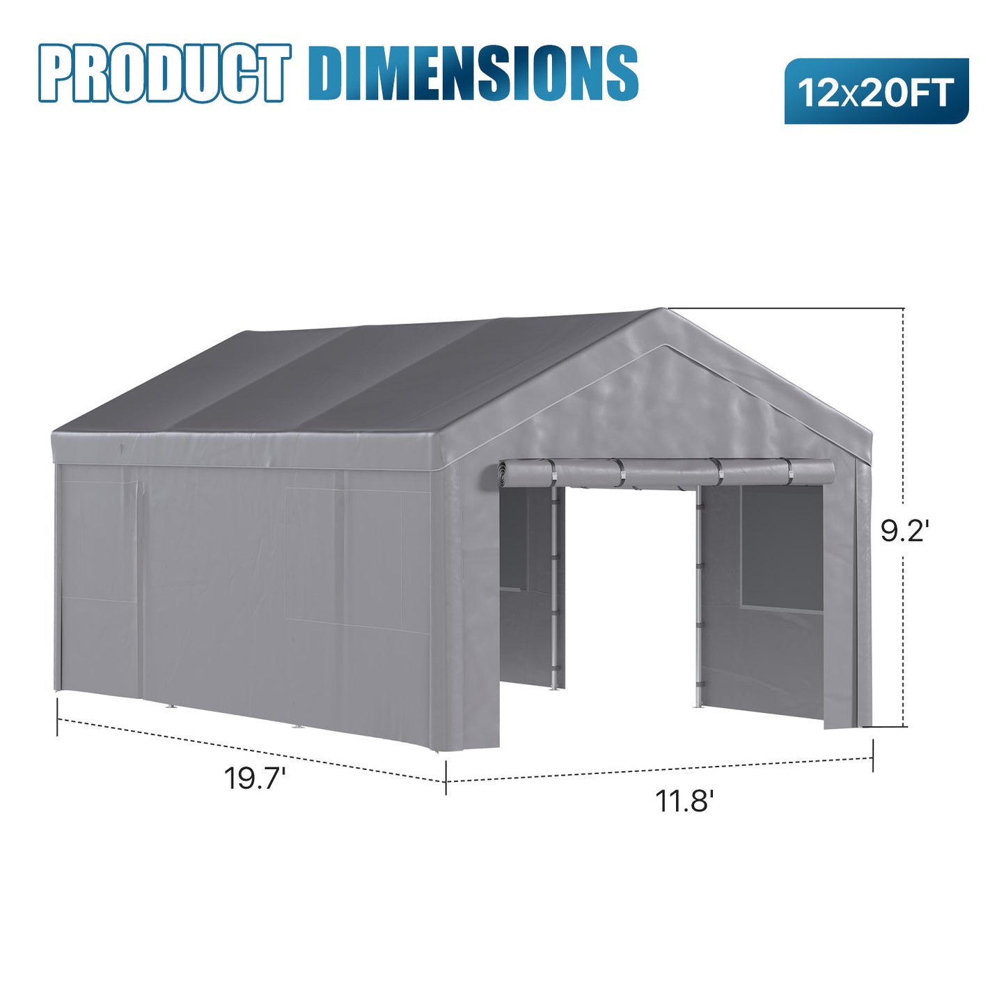 Sunmthink 12x20ft Heavy Duty Carport Canopy, Portable Outdoor Garage with Removable Sidewalls & Roll-Up Doors, All-Weather Car Shelter for Cars, Boats, Trucks and Tools Storage, Gray