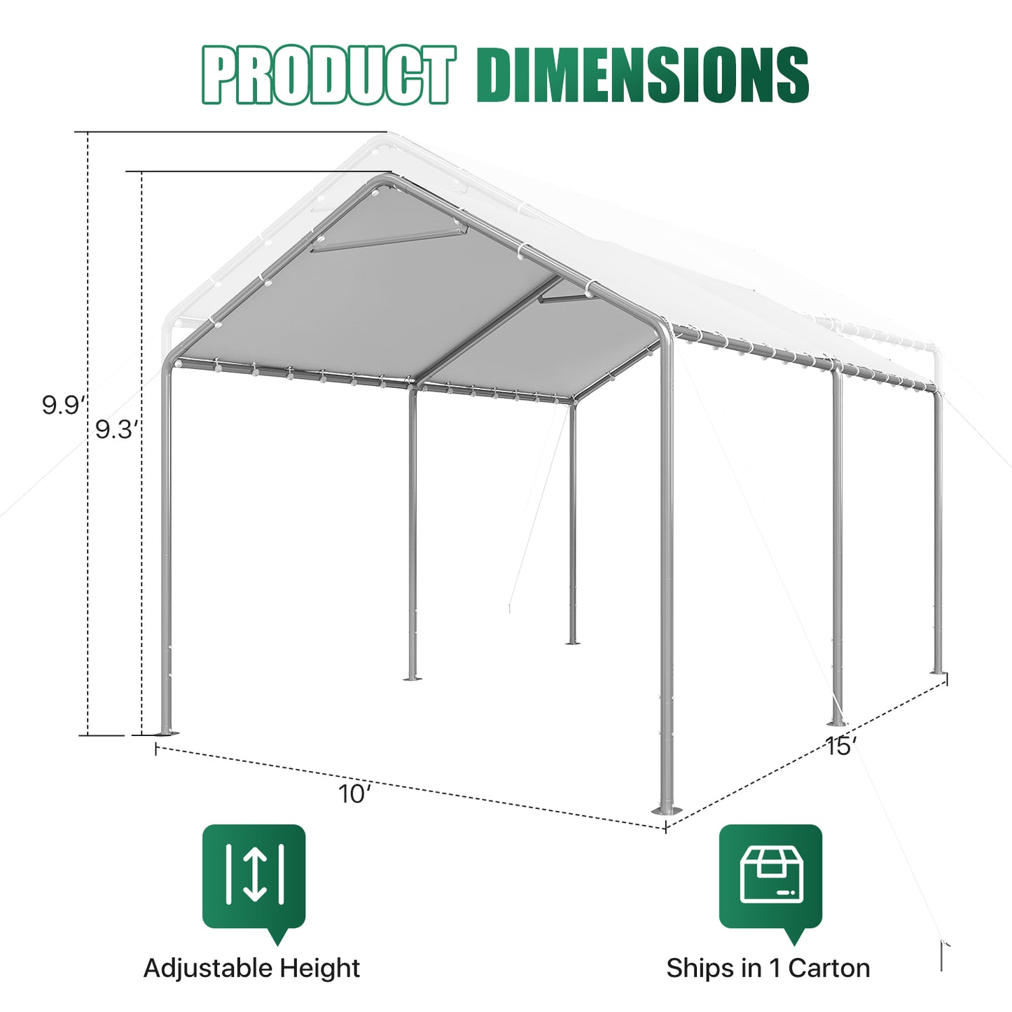 Dateyes 10x15 FT Carport, Heavy Duty Carport Canopy with Adjustable Height, Outdoor Carport Shelter with Reinforced Frame, Portable Garage for Cars, Boats and Trucks, White