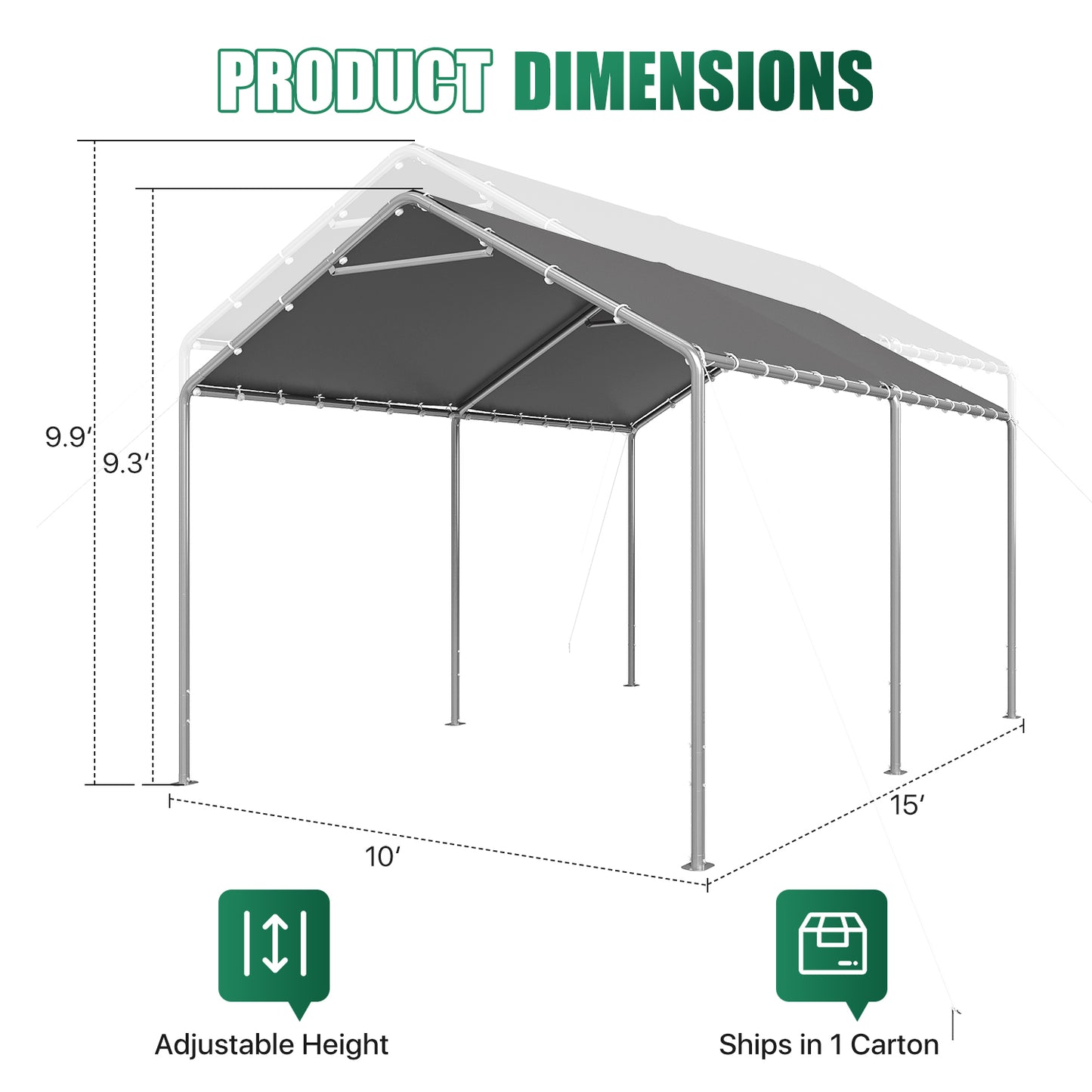 Dateyes 10x15 FT Carport, Heavy Duty Carport Canopy with Adjustable Height, Outdoor Carport Shelter with Reinforced Frame, Portable Garage for Cars, Boats and Trucks, Gray