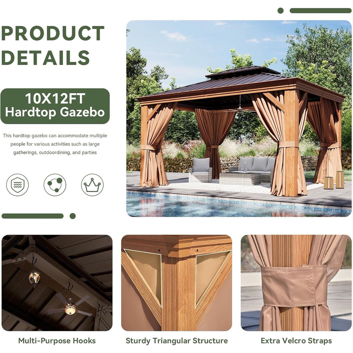 Clouddwell 10' x 12' Hardtop Gazebo, Aluminum Outdoor Gazebo with Galvanized Steel Double Roof, Hidden Gutter System, Privacy Curtains & Mosquito Netting