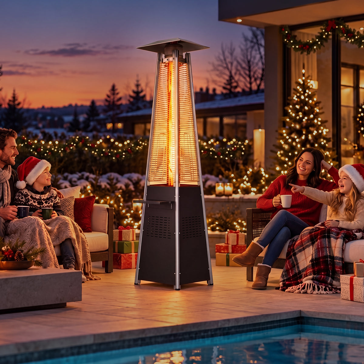 LazySunsets 87 Inch Outdoor Tower Propane Heater, 48000 BTU Black Pyramid Patio Heater with Detachable Tabletop, Safety Guard & Moving Wheels, Auto Safety Shutoff