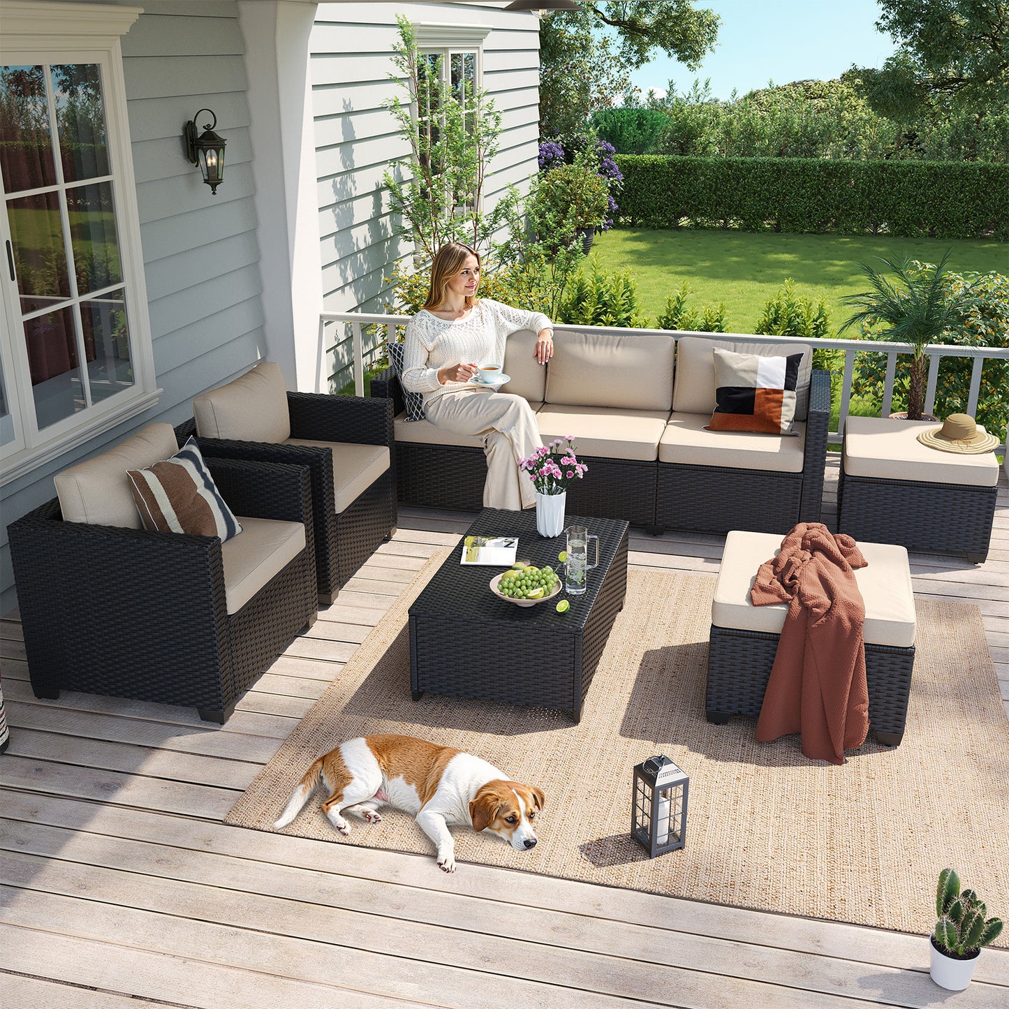 Sunmthink 8 Piece Outdoor Patio Wicker Furniture Set, Rattan Sectional Sofa with Beige Cushions
