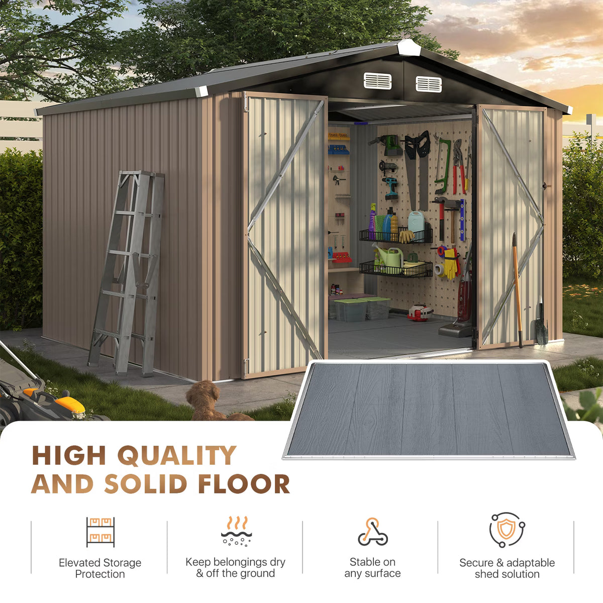Dateyes 6X8FT Outdoor Storage Shed with Plastic Floor, Metal Tool Shed with Lockable Door and Vents, Patio Shed for Garden, Backyard, Poolside, Brown