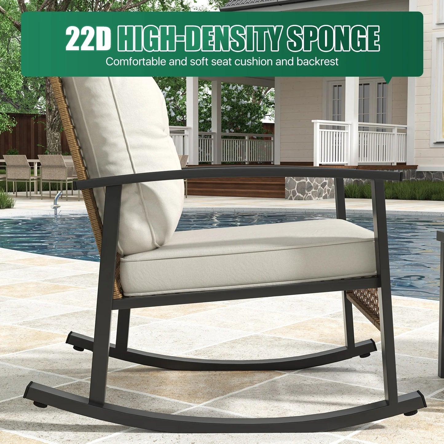 Clouddwell 3-Piece Patio Furniture Set,Steel Rocking Chair with Comfortable Cushions and Coffee Table.for Garden,Yard off-White
