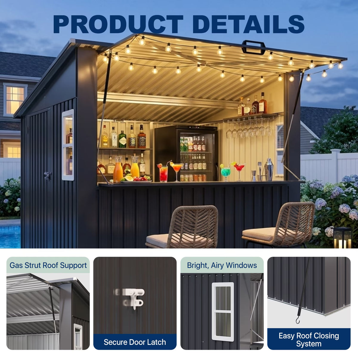 Dateyes 8x7 FT Outdoor Bar Shed with TV Mount & Fold-Down Counter, Metal Outdoor Storage Shed with 2 Windows , Roof Canopy for Patio, Backyard