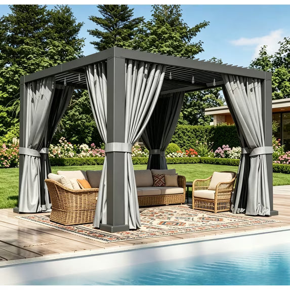 Clouddwell 10' × 10' Adjustable Louvered Pergola, Outdoor Aluminum Pergola with Curtains & Netting for Backyard, Deck & Poolside, Gray