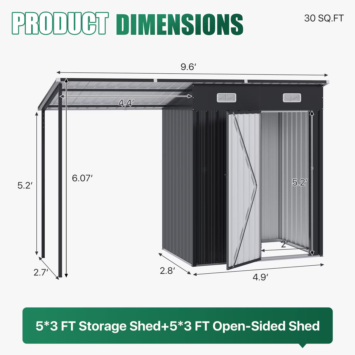 Dateyes Outdoor Storage Shed with Pergola, 10x3 FT Sheds & Hardtop Gazebo Combo with 30 Sq. Ft Covered, 2-in-1 DIY Tool Shed with Attached Hardtop Metal Pergola, Black