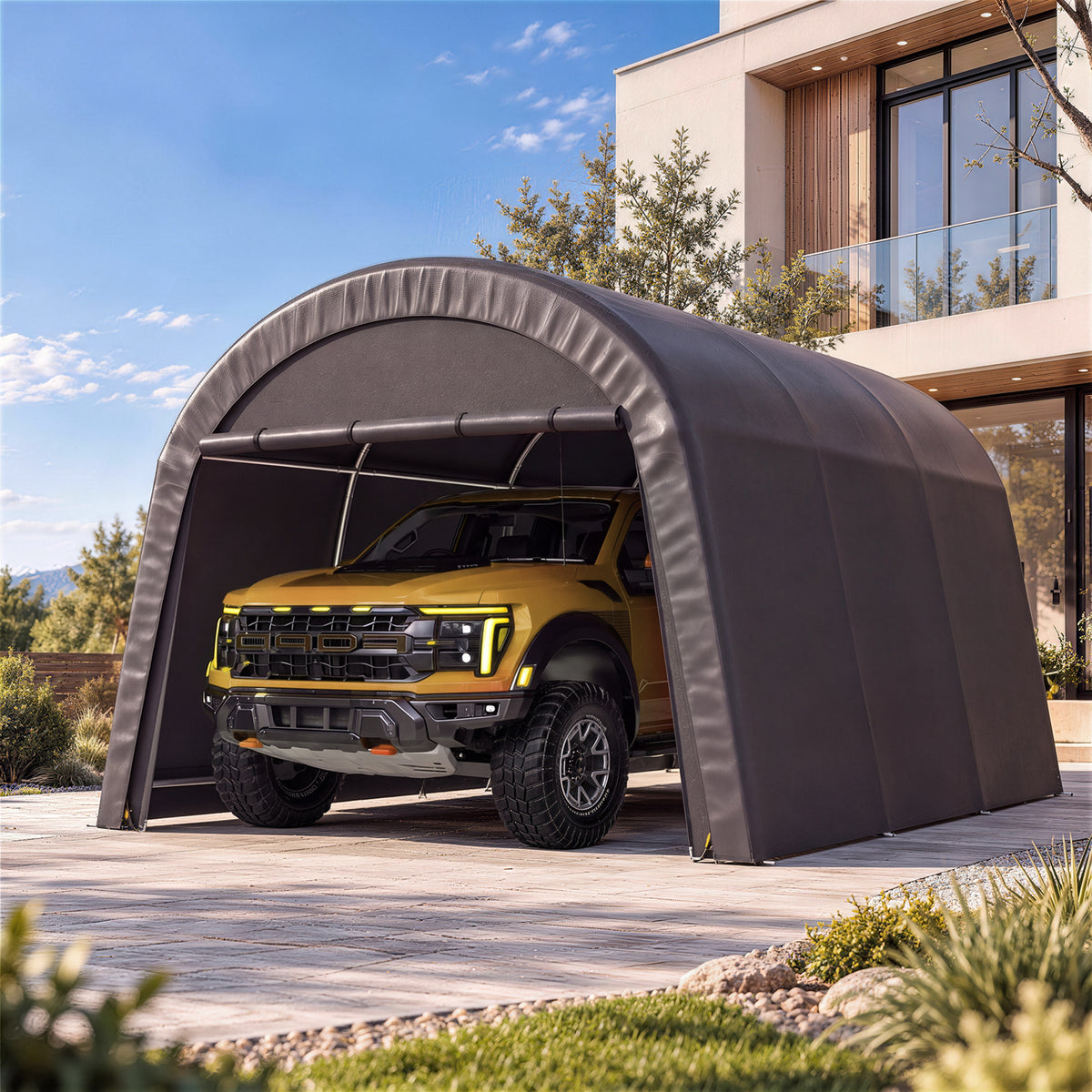 Dateyes 13x20 FT Carport Round Top Shelter, Carport Canopy with Roll-up Doors, Portable Garage Portable Carport with Waterproof UV PE Cover, Car Canopy for Car, Truck, SUV, Boat, Dark Gray