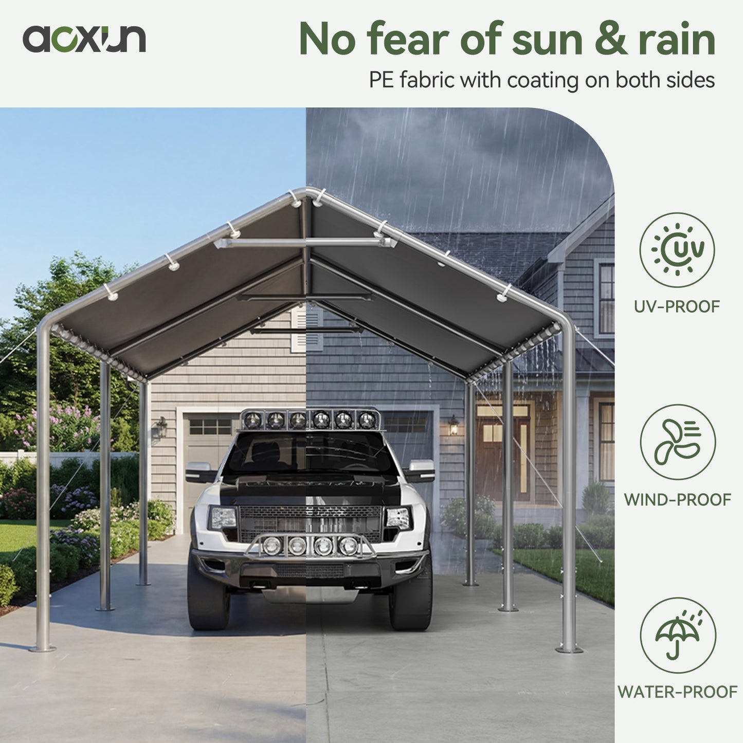 Aoxun 10x15 FT Carport Heavy Duty Car Canopy for Cars, Boats, Trucks, Outdoor Carport Shelter Portable Garage with Reinforced Frame, Gray