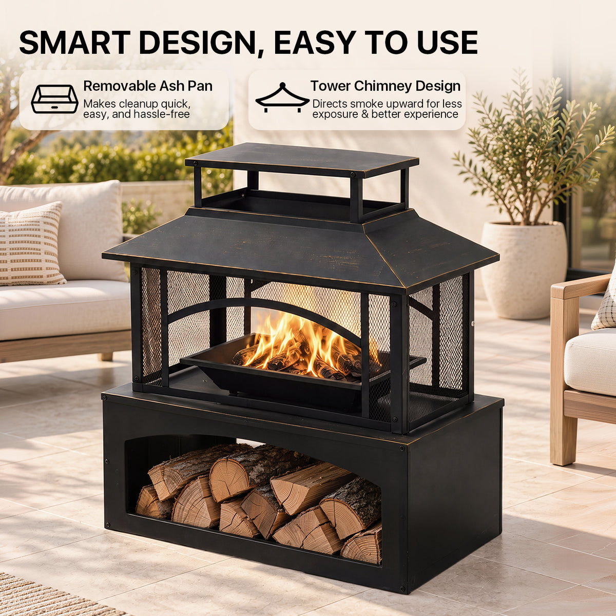 LazySunsets 32 Inch Outdoor Steel Fire Pit with Built‑in Log Storage, 360 Degree Safety Mesh Screen, Large Wood Burning Fireplace for Backyard Patio Garden Party, Black