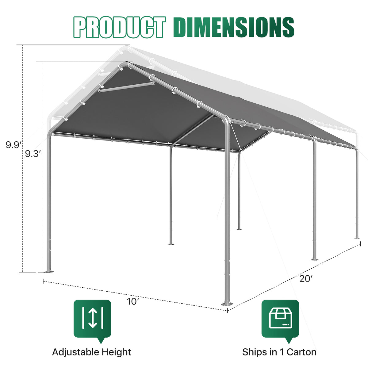 Dateyes 10x20 FT Carport, Heavy Duty Carport Canopy with Adjustable Height, Outdoor Carport Shelter with Reinforced Frame, Portable Garage for Cars, Boats and Trucks, Gray