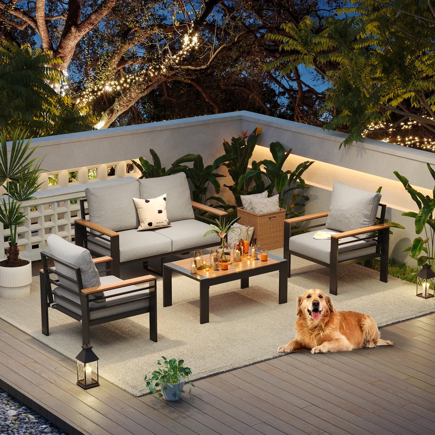 Aoxun Aluminum Outdoor Patio Furniture Set, 4 Seats Outdoor Sectional with Coffee Table (Loveseat and Single Seat 2 Pcs)
