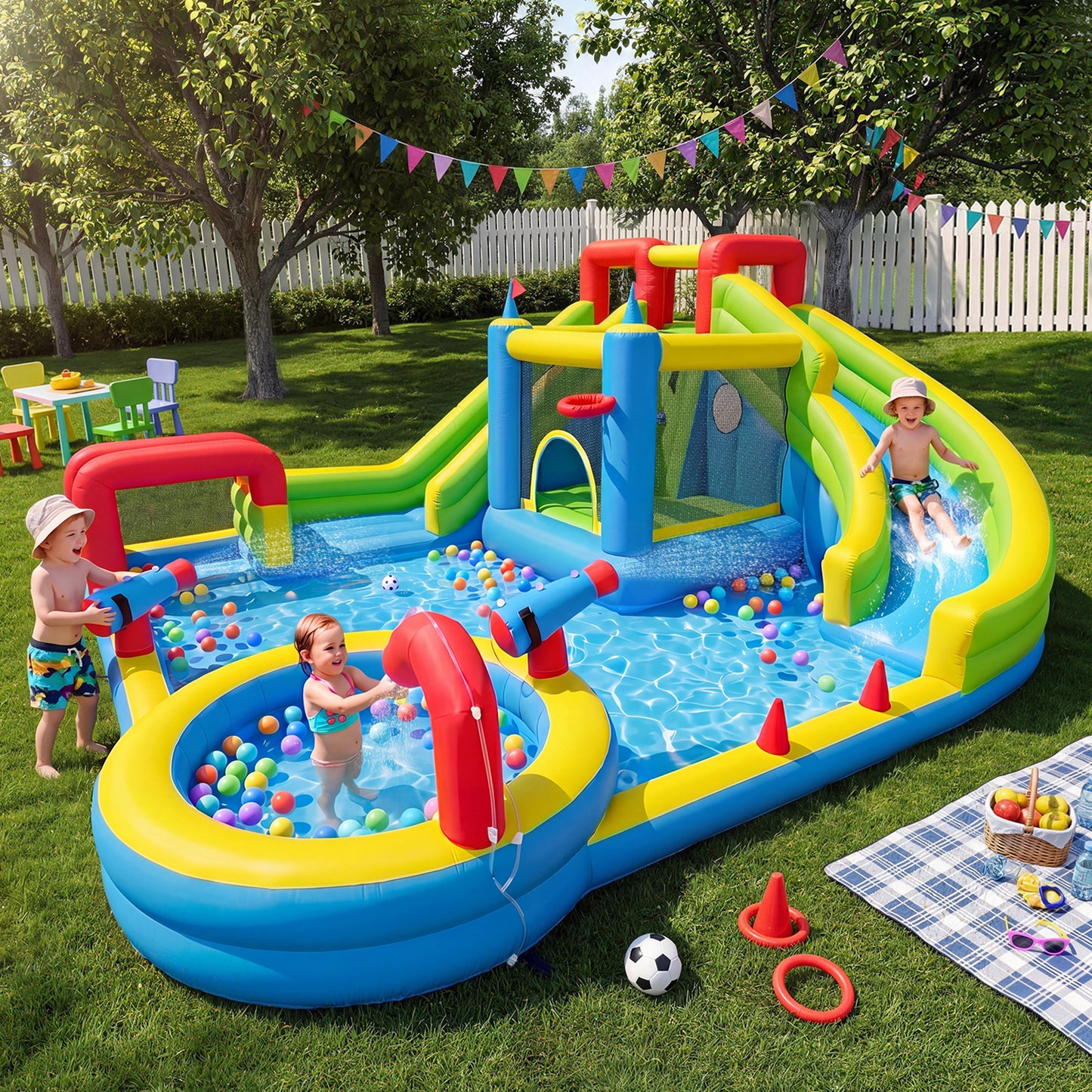 Clouddwell Inflatable Water Slide for Kids with 450W Blower, 8 in 1 Water Park Bounce House for Outdoor Summer Fun, Large Water Park, 14x17FT
