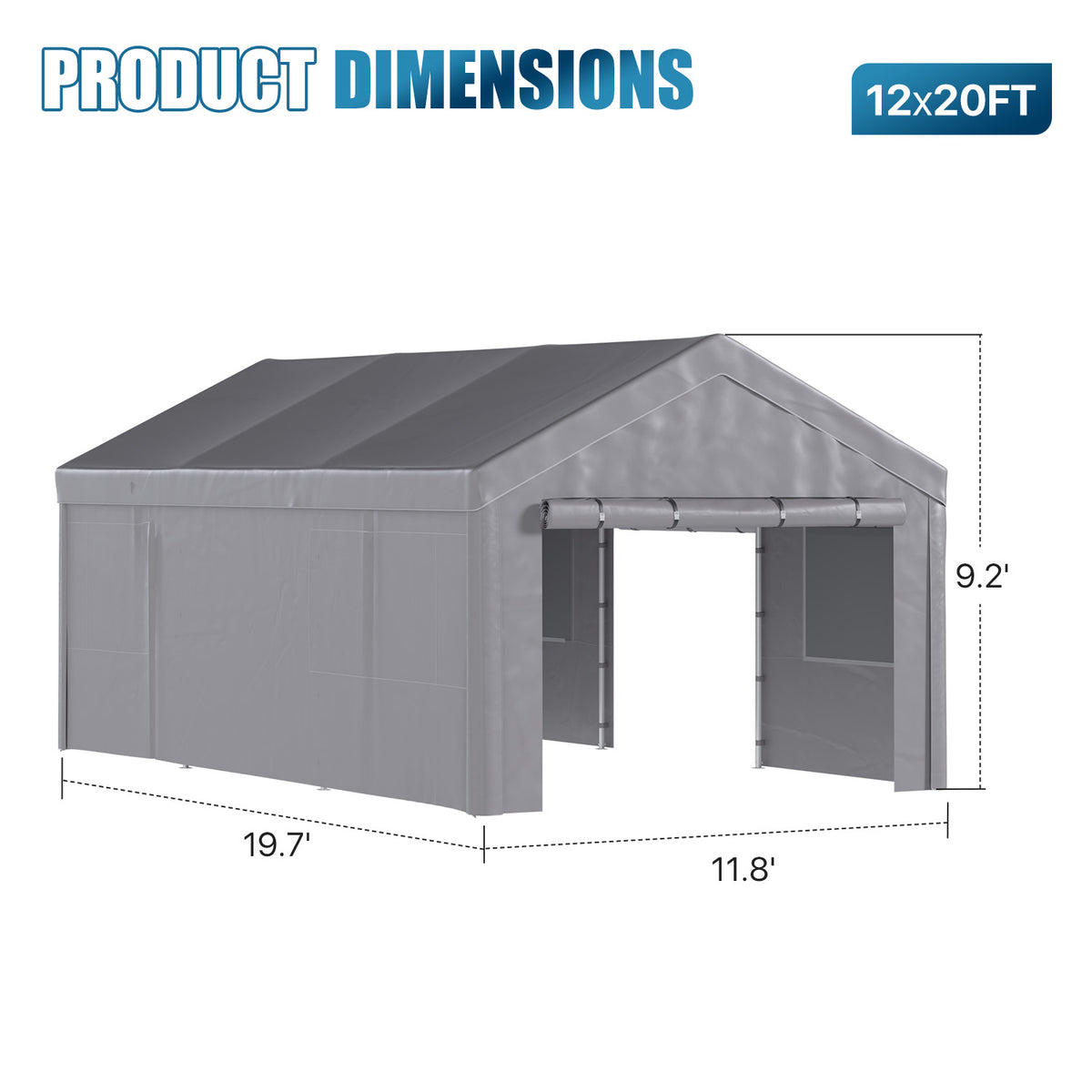 Dateyes 12x20ft Heavy Duty Carport Canopy, Portable Garage Car Canopy with Removable Sidewalls, Car Shelter for Cars, Boats, and Tools Storage, Gray