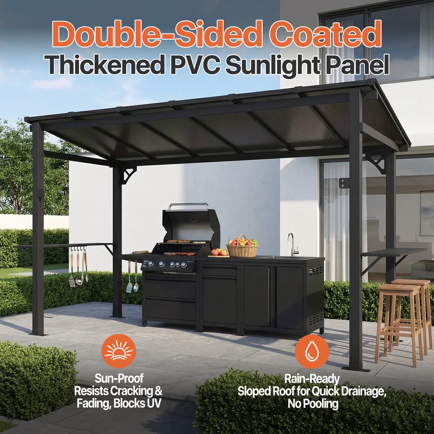 Clouddwell 12'x5.5' Permanent Metal Gazebo,Outdoor BBQ Canopy with Polycarbonate Panel & Sloping Steel Roof, Grill Shelter with 2 Side Shelves and Hooks for Patio, Backyard, Deck
