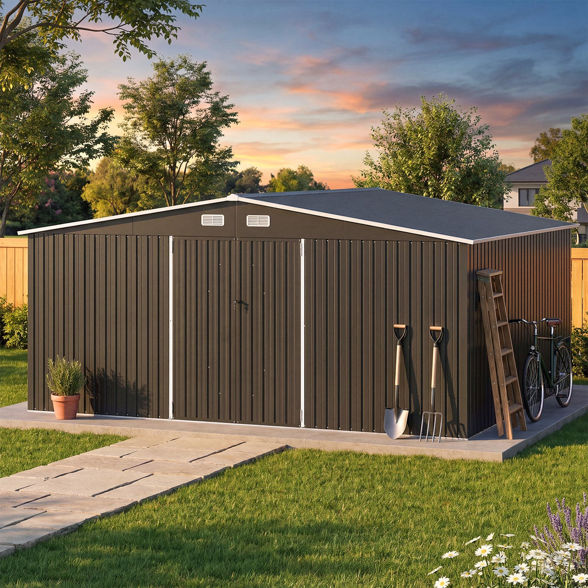 Clouddwell 14 ft. x 12 ft. Outdoor Storage Shed, 800 cu. ft. Brown Steel Utility Shed with Lockable Door for Garden, Black