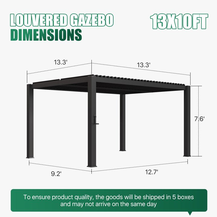 Clouddwell Louvered Pergola with Adjustable Top, 13'x10' Outdoor Metal Pergola, Gray, for Patio, Garden and Backyard