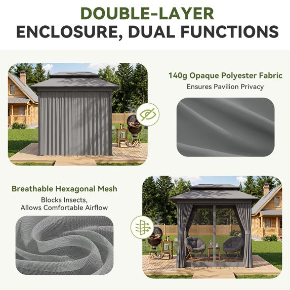 Sunmthink Outdoor Gazebo for Patio 8'x5', Metal Frame Canopy with Double Roofs, Heavy Duty Party Tent and Shelter with Mosquito Netting and Privacy Screen for Backyard,Garden,Deck (Gray)