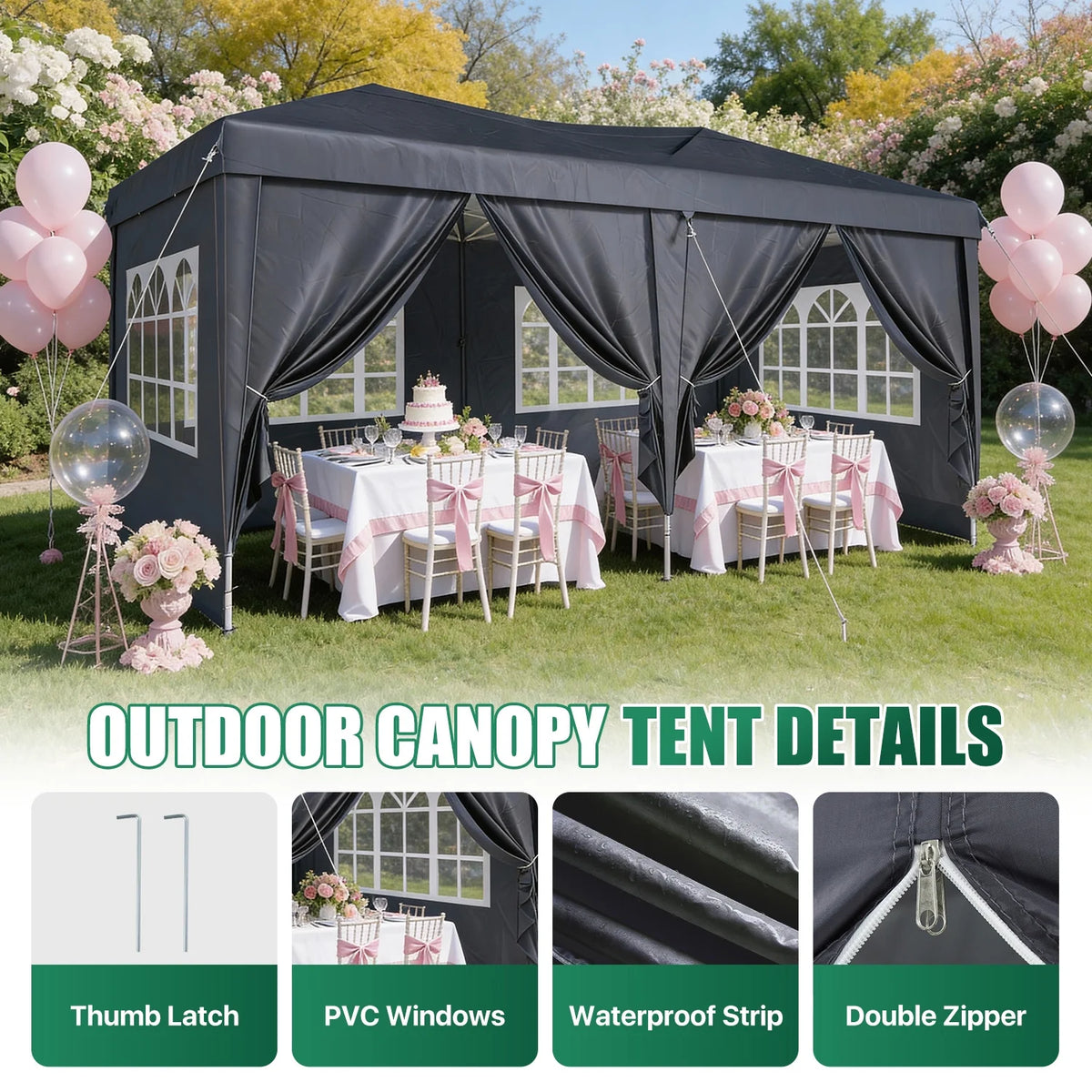 ClouDDwell 10x20ft Pop up Canopy, Party Tent with 3 Adjustable Heights, Tents for Party, Instant Shelter Canopy with 6 Removable Sidewalls For Parties, Weddings, Gray