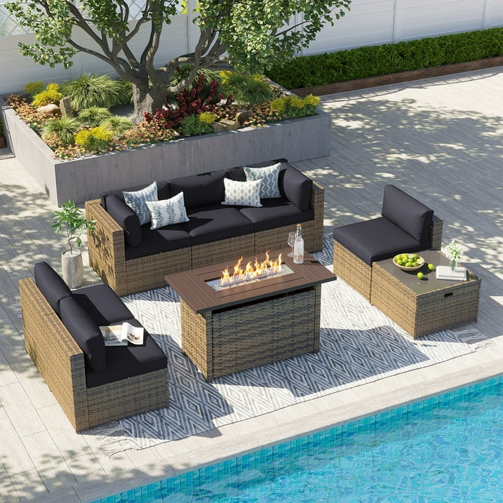 Clouddwell 8 Piece Patio Furniture Set with 44” Fire Pit Table Wicker Rattan Patio Conversation Set Outdoor Sectional Sofa Set with Coffee Table and Black Cushions(Waterproof Cover Included)