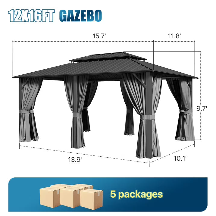 Sunmthink 12' x 16' Hardtop Gazebo with Mosquite Netting, Double Metal Roof for Lawn and Garden, Gray