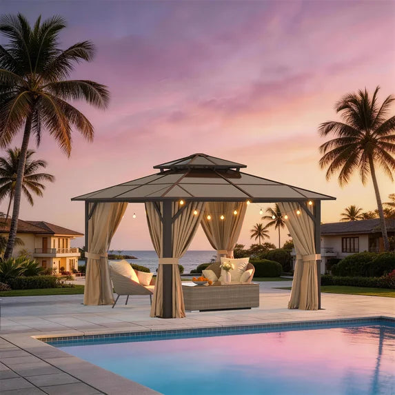 Sunmthink 12' x 12' Hardtop Gazebo,Polycarbonate Double Roof,Aluminum Frame with Curtains and Netting for Patio,Garden,Brown