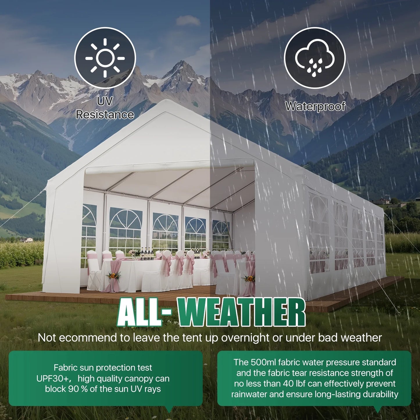 Clouddwell 32*16FT Party Tent,Heavy Duty Outdoor Awning Tent,with Removable Sidewalls, Commercial Wedding Big Tent,Carport, BBQ,UV 50+, Waterproof, White