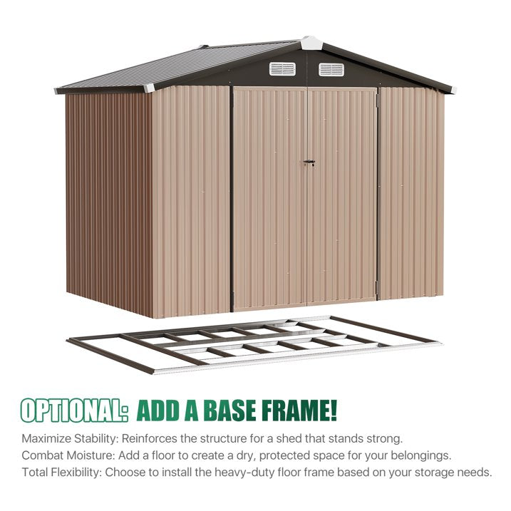 Clouddwell 8x6 ft. Outdoor Storage Shed with Base, Brown Metal Garden Shed with Double Lockable Doors for Backyard, Patio