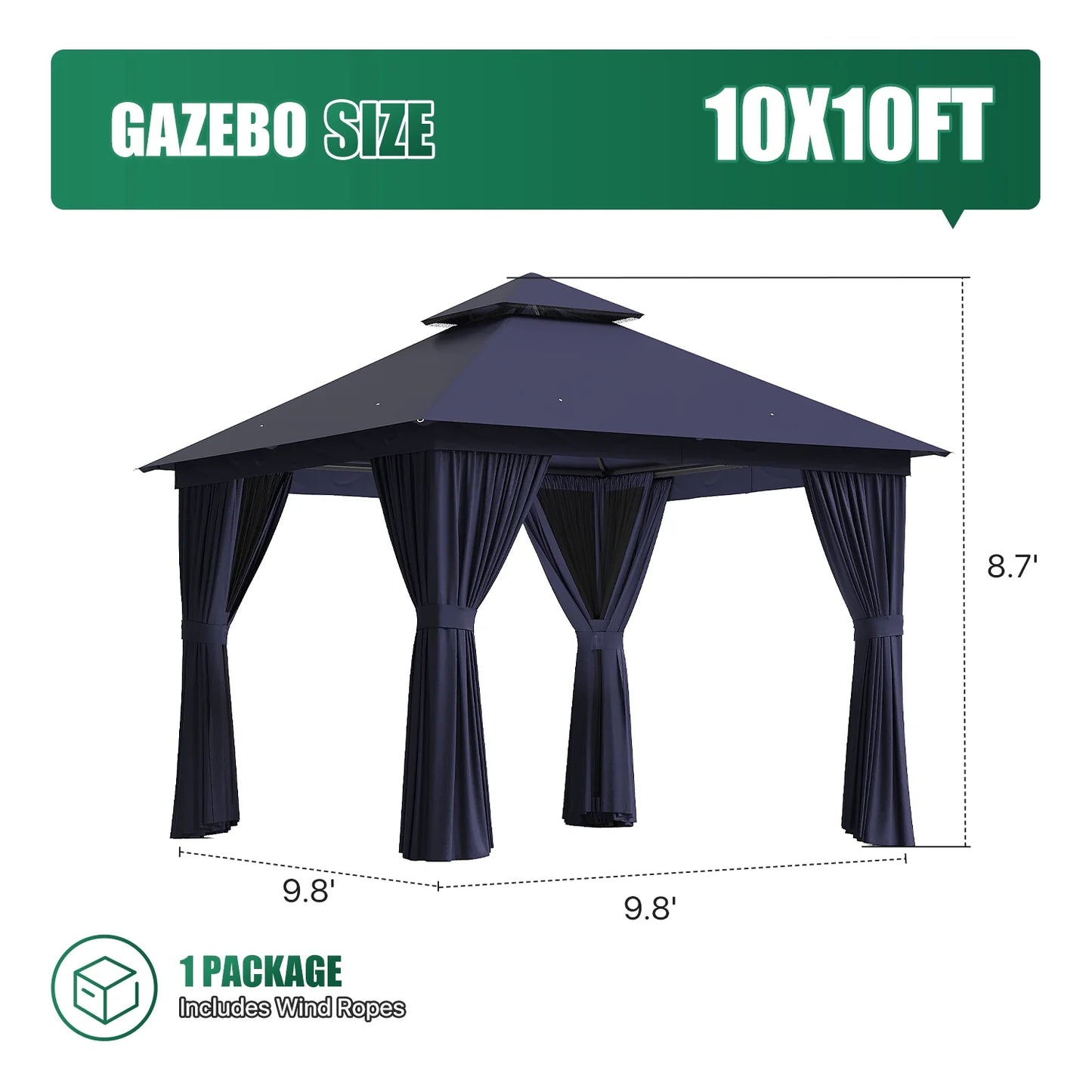 Clouddwell 10'x 10' Patio Gazebo Double Roof Protection All-Weather Outdoor Shelter Features Insect Screens & Privacy Curtains Ideal for Backyard, Lawn, (Blue)
