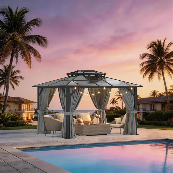 Sunmthink 10' x 12' Hardtop Gazebo,Polycarbonate Double Roof,Aluminum Frame with Curtains and Netting for Patio,Garden,Gray