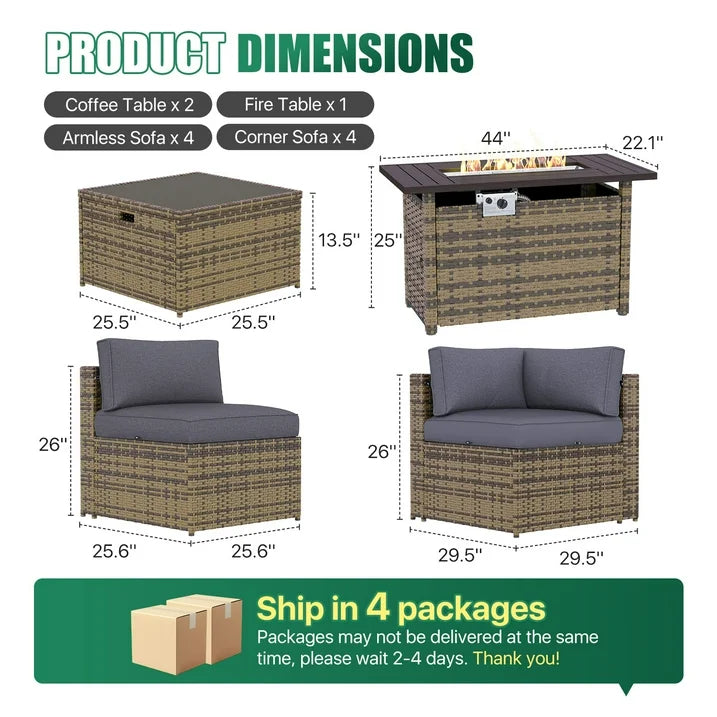 Clouddwell 11 Piece Patio Furniture Set with 44” Fire Pit Table Wicker Rattan Patio Conversation Set Outdoor Sectional Sofa Set with Coffee Table and Gray Cushions(Waterproof Cover Included)