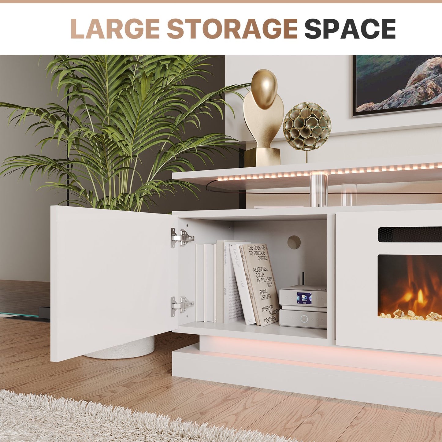 Sonegra Modern Fireplace TV Stand for TVs Up to 80" with Music Sync LED, 70" Entertainment Center with Electric Fireplace, TV Console with Storage Cabinets for Living Room, White