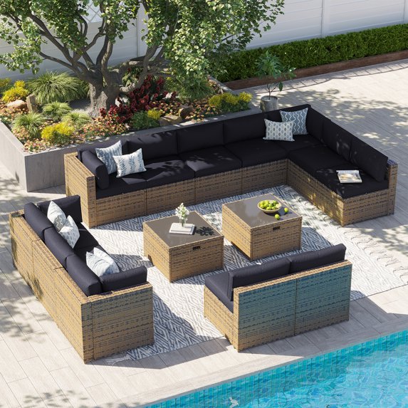 Clouddwell 14 Piece Patio Furniture Set Wicker Rattan Patio Conversation Set Outdoor Sectional Sofa Set with Coffee Table and Black Cushions(Waterproof Cover Included)