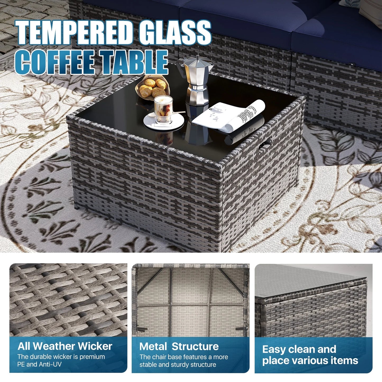 Sunmthink Patio Furniture Sets, 8-Piece Outdoor Patio Furniture with 44'' Propane Gas Firepit Table, Wicker Outdoor Conversation Set and Waterproof Cover for Backyard, Poolside, Garden