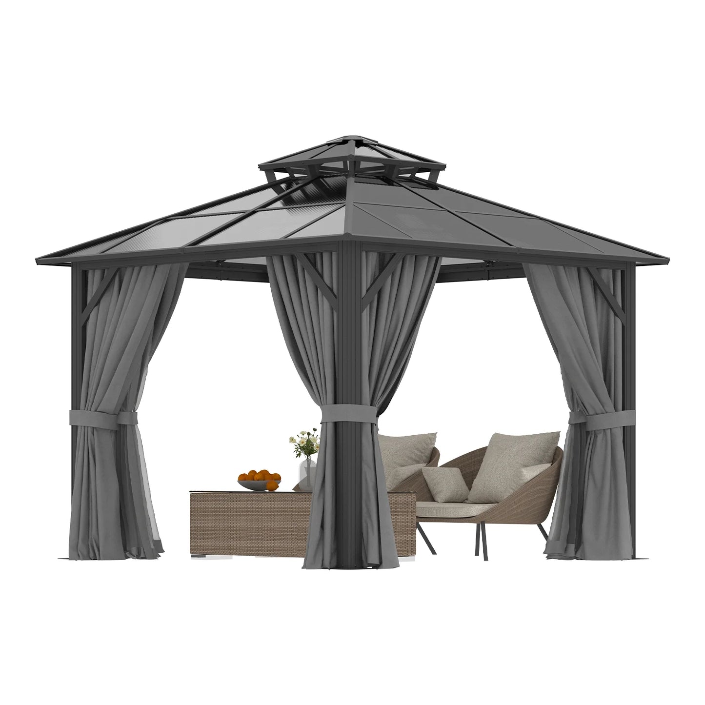 Sunmthink 10' x 10' Hardtop Gazebo,Polycarbonate Double Roof,Aluminum Frame with Curtains and Netting for Patio,Garden,Gray