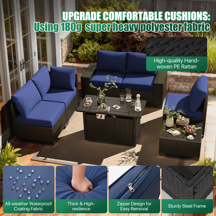 Clouddwell 7-Piece Outdoor Patio Set,4-Inch Thickened Cushions, All-Weather Wicker Sectional with Fire Table, Coffee Table & Custom Protective Cover Navy Blue