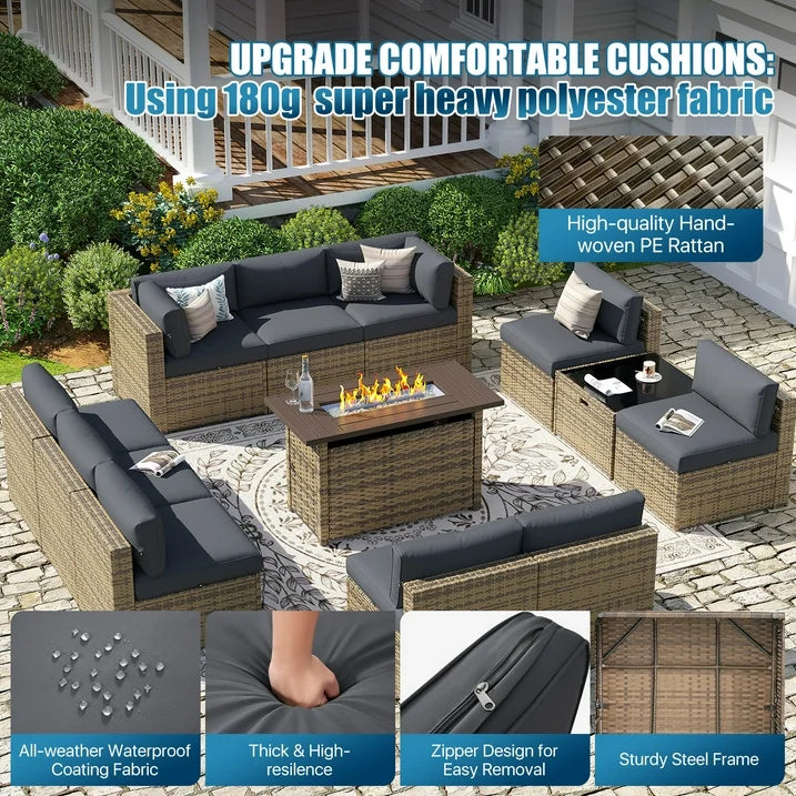 Sunmthink Patio Furniture Sets, 12-Piece Outdoor Patio Furniture with 44'' Propane Gas Firepit Table, Wicker Outdoor Conversation Set and Waterproof Cover for Backyard, Poolside, Garden