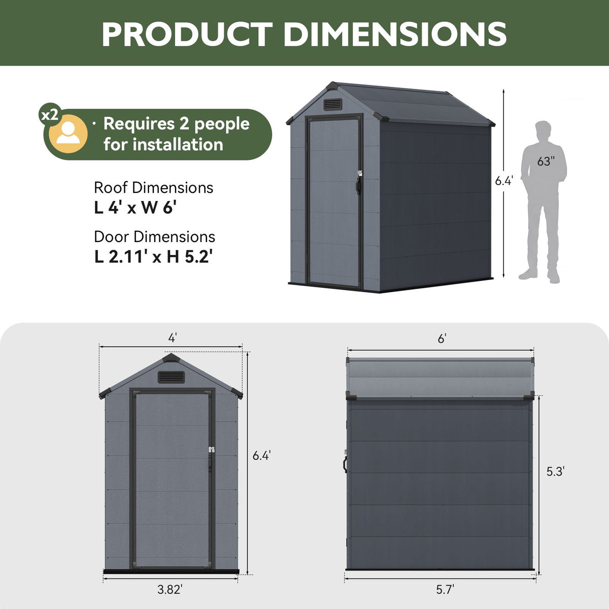 Dateyes 4x6 FT Resin Storage Shed, All-Weather Outdoor Storage Shed with Floor & Air Vent for Patio, Backyard, Garden, Dark Gray