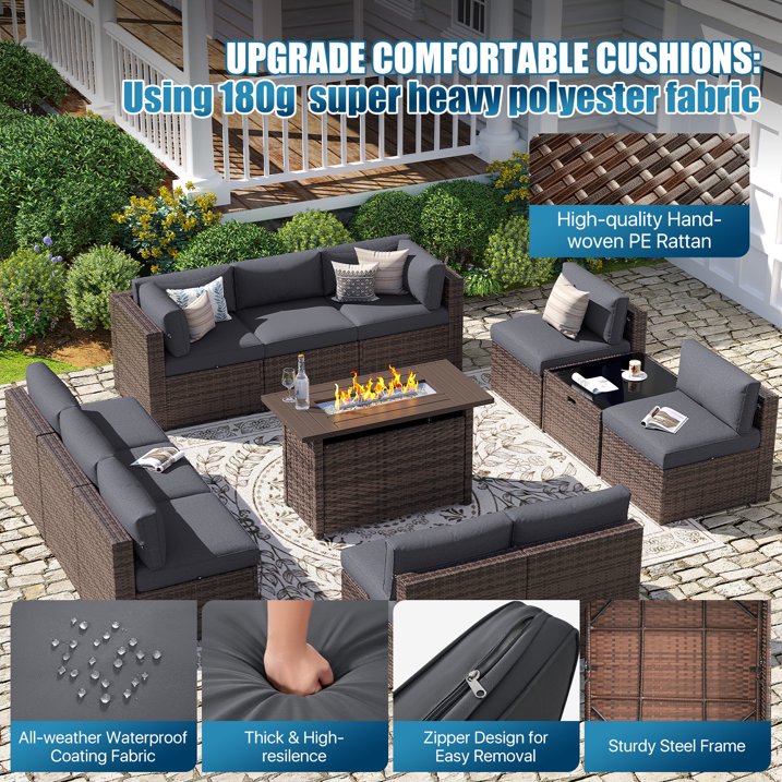 Sunmthink Patio Furniture Sets, 12-Piece Outdoor Patio Furniture with 44'' Propane Gas Firepit Table, Wicker Outdoor Conversation Set and Waterproof Cover for Backyard, Poolside, Garden