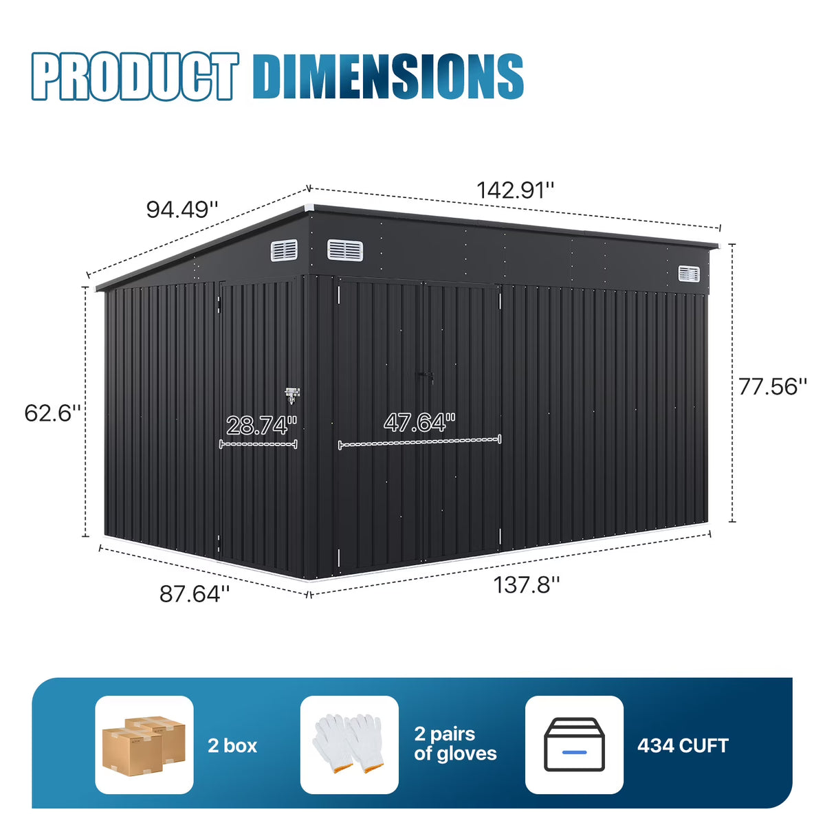 Dateyes 12' x 8' Metal Storage Shed with Triple Doors, Lockable Lean-to Design & Vents, Black
