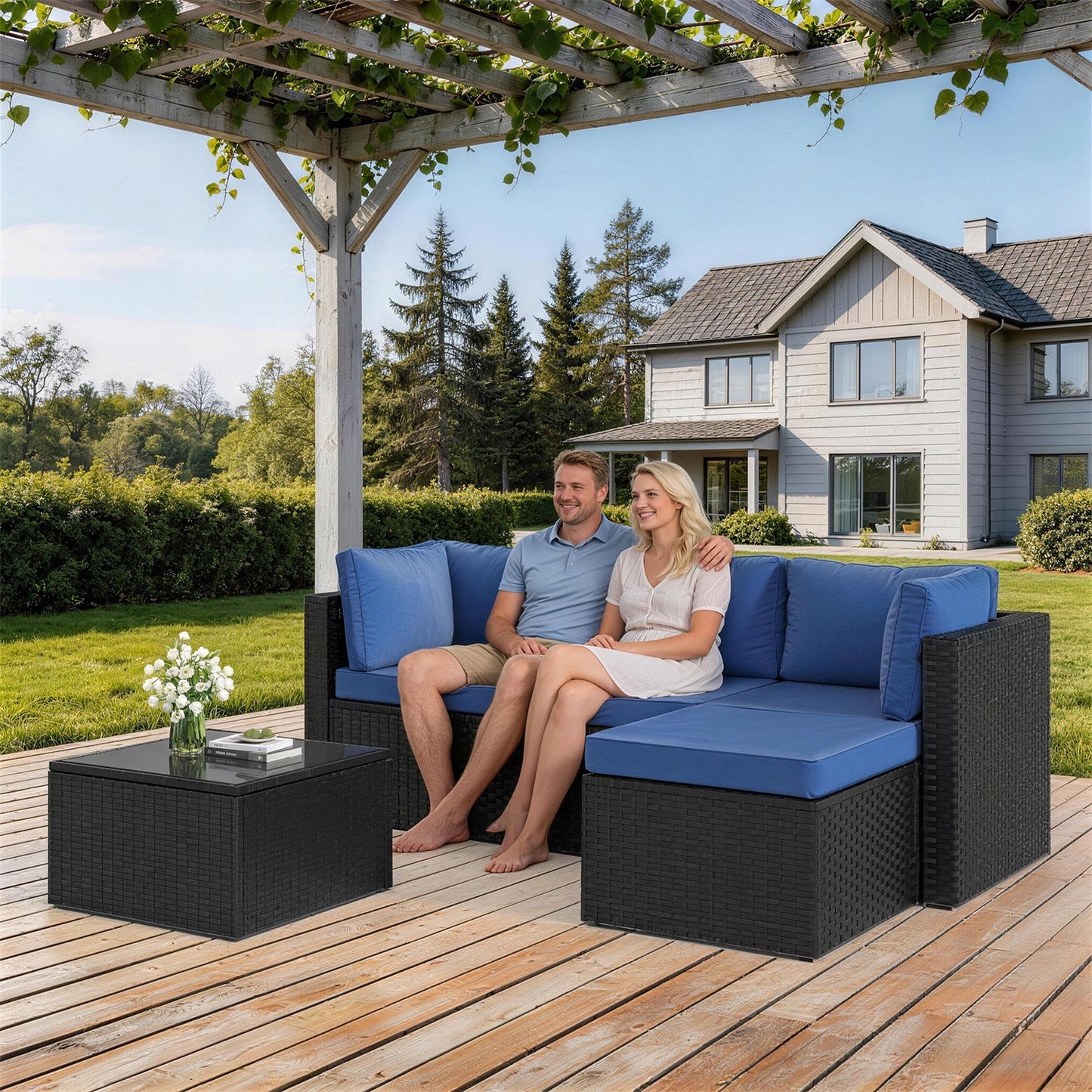 Clouddwell 3 Pieces Patio Furniture Set, All-Weather Wicker Rattan Patio Sectional Sofa Set with Coffee Table and Waterproof Cover(Navy Blue)