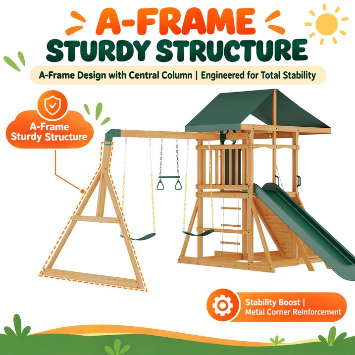 Clouddwell Wooden Backyard Swing Set, Outdoor Playset for Children Wave Slide, Double Rock Wall, Rope Ladder, Web Swing, Belt Swings, Toy Telescope, Steering Wheel