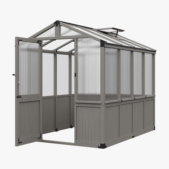 Clouddwell Large Outdoor Wooden Storage Shed, Polycarbonate Panels with Automatic Roof Vent & Lockable Door, Outdoor Walk-in Garden Greenhouse, 6x8 FT, Gray