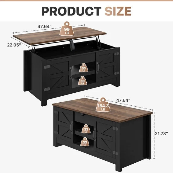 Sonergra Lift Top Coffee Table with Storage, Farmhouse Living Room Table with Charging Station & Barn Doors, Black