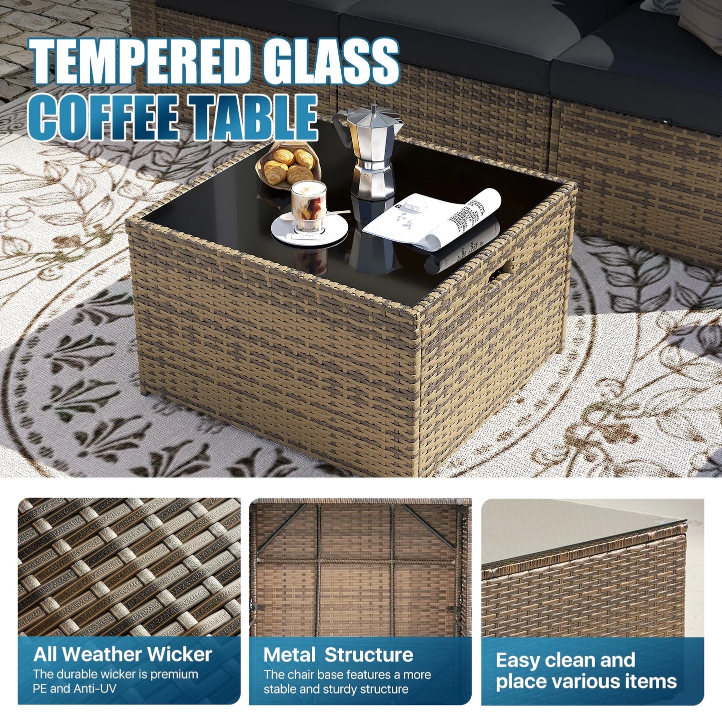 Sunmthink Patio Furniture Sets, 14-Piece Outdoor Patio Furniture with Thick Cushions, Wicker Outdoor Conversation Set and Waterproof Cover for Backyard, Poolside, Garden