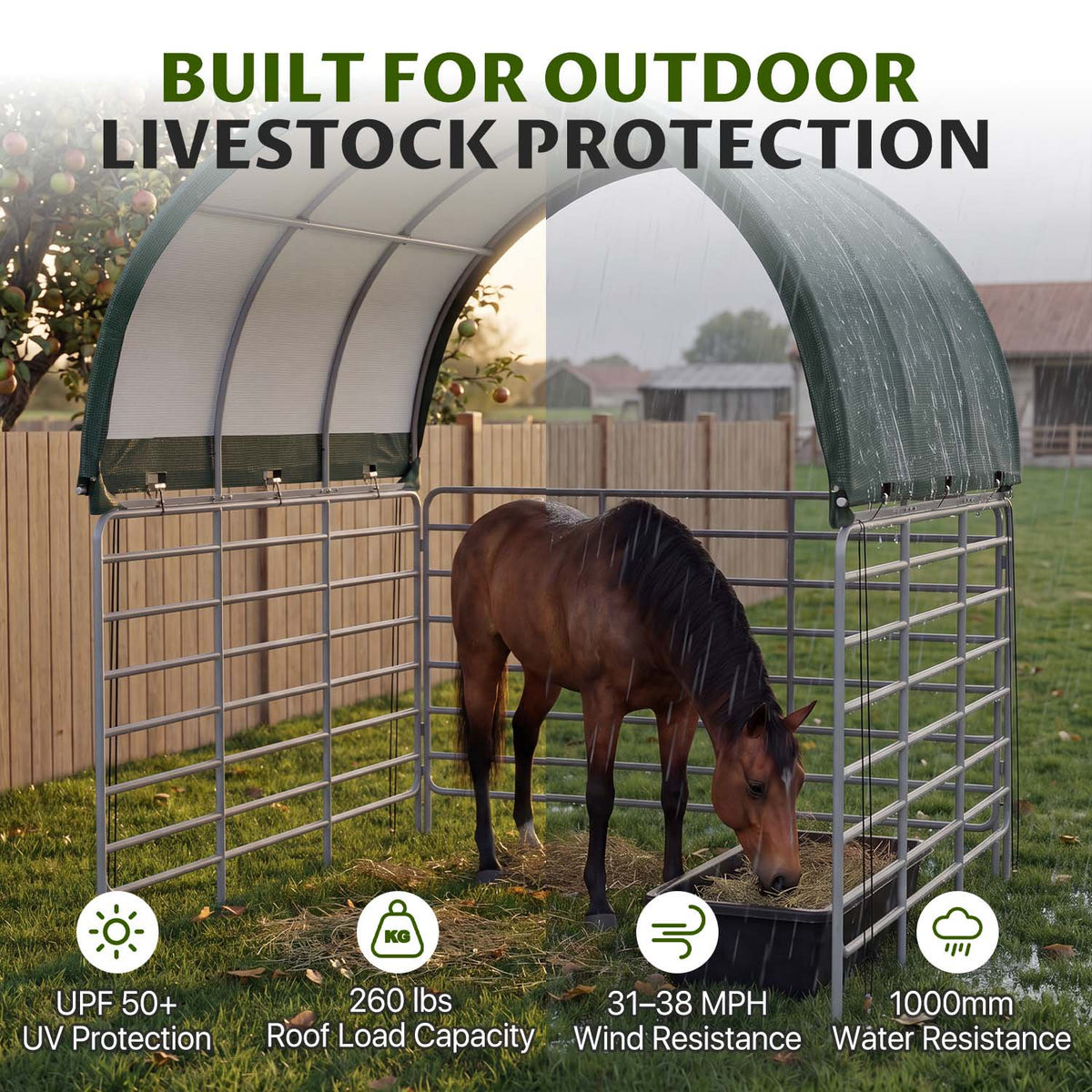 Dateyes 10' x 10' Corral Shelter Shed, Horse Shelter, Livestock Shade, Waterproof & UV Treated Cover, Quick Assembly for Horses, Goats, and Farm, Green